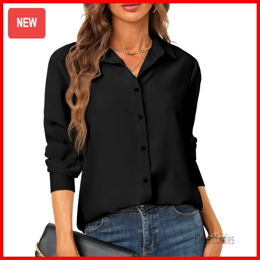 Long Sleeve Button Down Blouse, Soft Polyester Chiffon, Classic Collar, Pleated